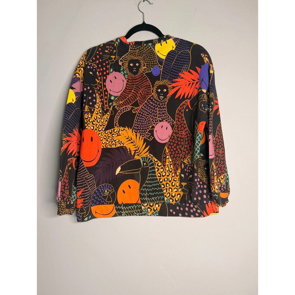 Farm Rio Multicolor Mixed Print Sweater Pop Jungle Smiley Small Boho Patchwork - Picture 2 of 6